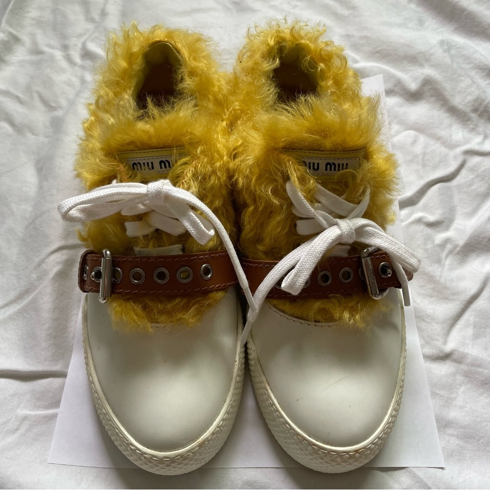Miu Miu Yellow and White Fur Sneakers